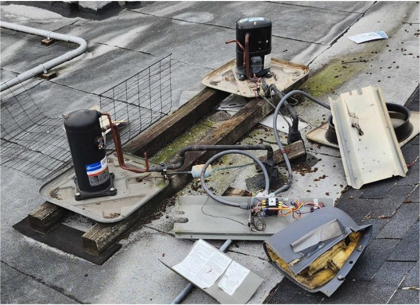 A damaged HVAC unit.