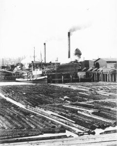 After Yesler's Mill was burned in the 1889 Seattle fire, the area's timber industry moved north into Ballard. Ballard's lumber mills provided hundreds of jobs, and the Stimson Mill was one of the town's largest. This 1904 photo shows logs being floated to the mill to be cut into lumber. Photo courtesy of University of Washington Libraries